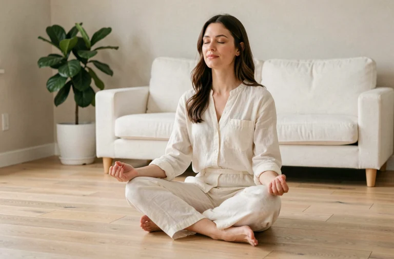 Maman en tenue de détente pratiquant la méditation dans un salon minimaliste épuré, illustration bien-être et sérénité pour mamans