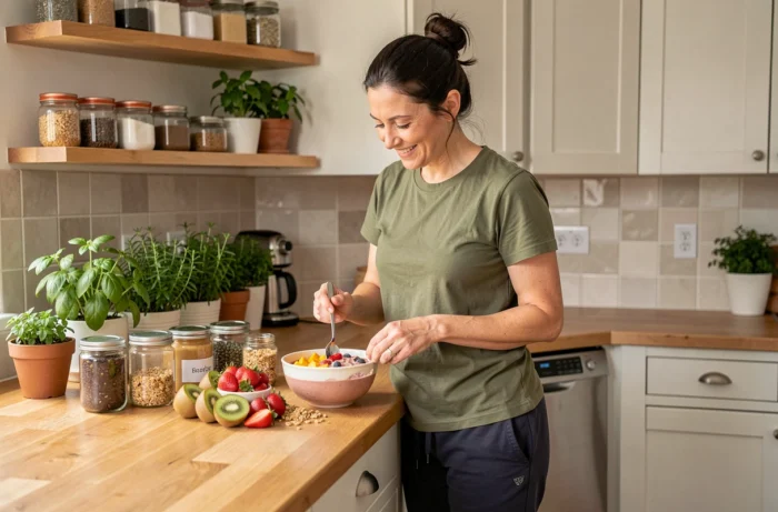 Mom preparing a bowl of healthy smoothie in a cozy kitchen, nutrition and wellness tips for moms in daily life
