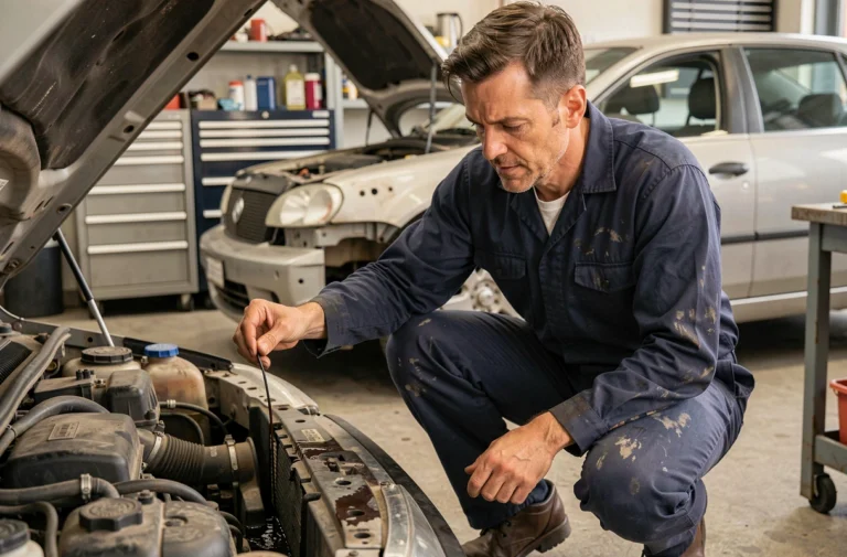 Mécanicien inspectant la jauge d'huile moteur d'une voiture dans un garage automobile