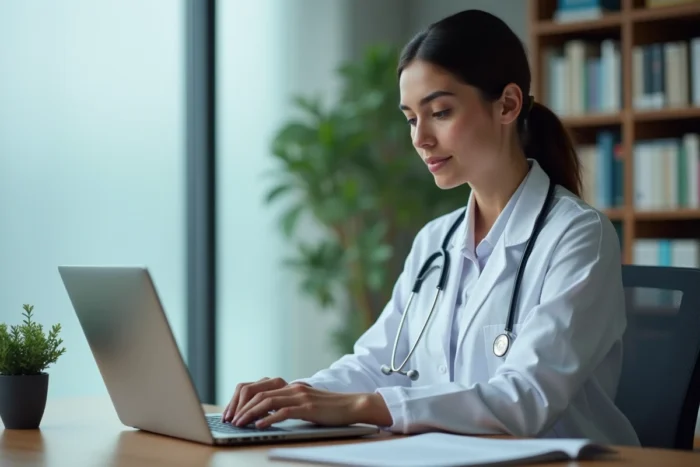 Médecin femme consultant des ressources médicales en ligne sur un ordinateur portable dans un bureau d'hôpital