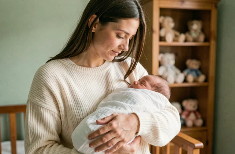Jeune mère tenant tendrement son nouveau-né emmailloté dans une chambre de bébé cosy aux tons naturels