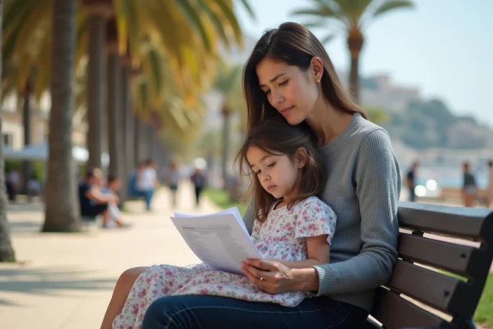 Mère et fille sur la Promenade des Anglais à Nice tenant des documents juridiques liés à une procédure de garde d'enfant
