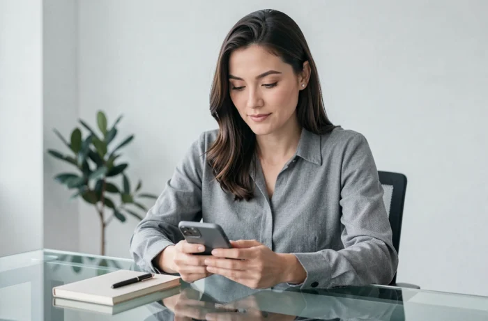 Une professionnelle envoyant un message court et sobre sur son téléphone depuis un bureau minimaliste
