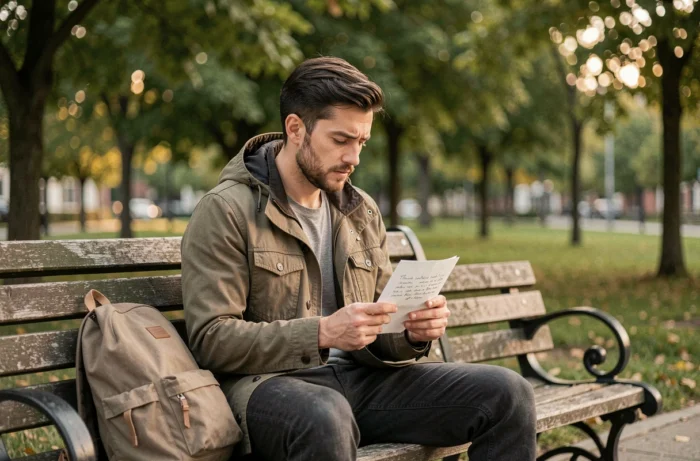 Un homme seul dans un parc lisant un message inspirant qui l'encourage malgré ses doutes avant un départ à l'étranger