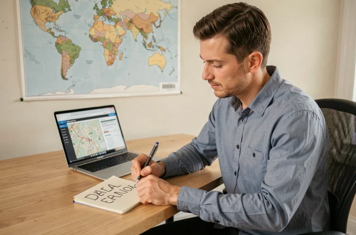 Un homme notant le nom d'une ville sur un carnet avec une carte du monde au mur, illustrant un message personnalisé mentionnant la destination