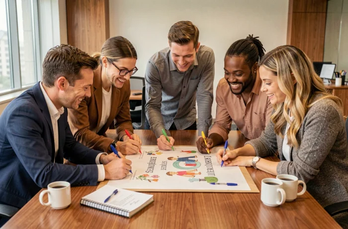Une équipe diversifiée signant collectivement une grande carte d'adieu pour un collègue qui part à l'étranger