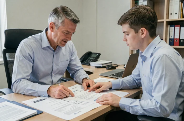 Un manager et son collaborateur passant en revue un document de passation structuré dans un bureau professionnel