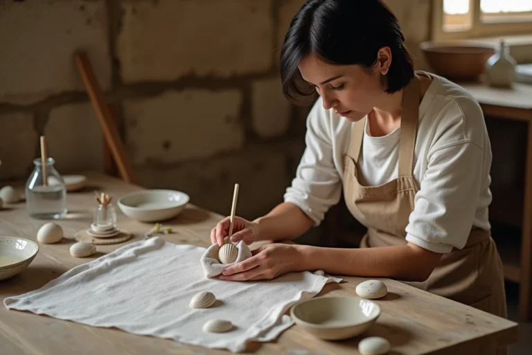 Femme artisane nettoyant un œil de Sainte Lucie avec un chiffon doux dans un atelier rustique