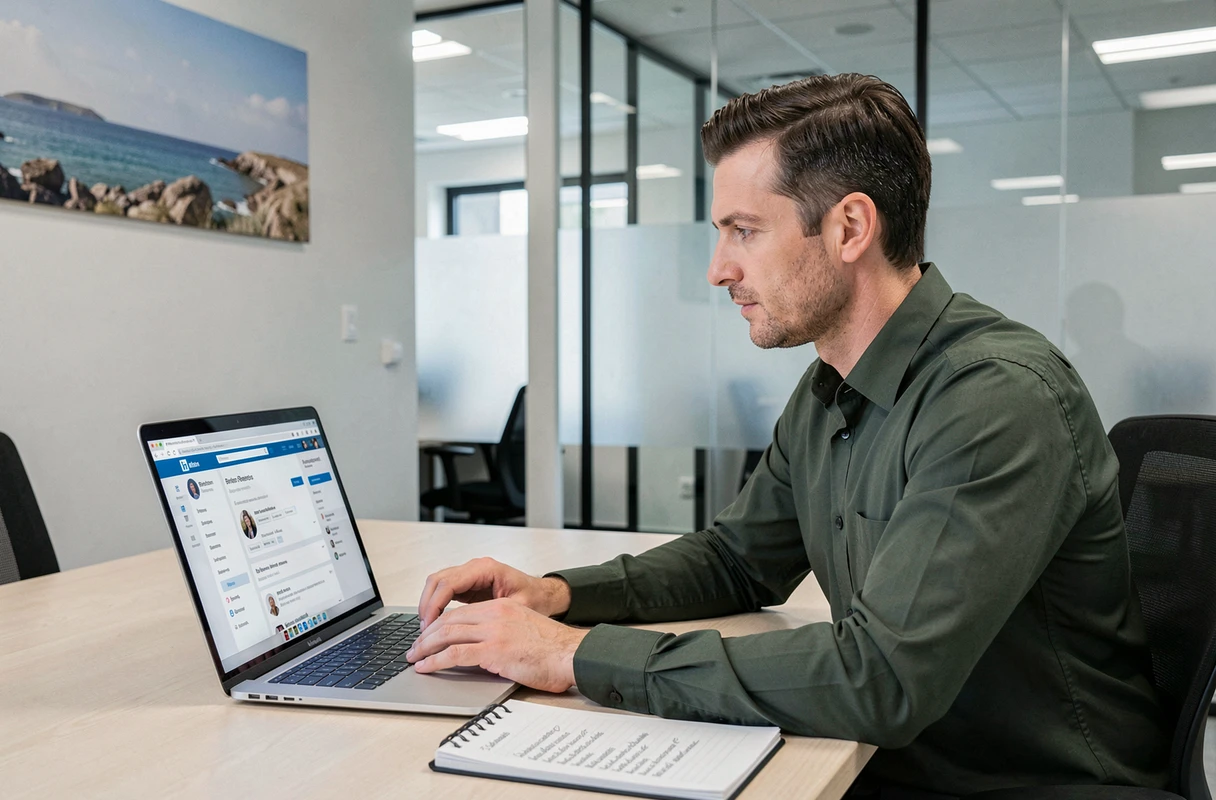 Homme optimisant son profil LinkedIn avec des mots-clés adaptés aux recruteurs bretons sur son ordinateur portable