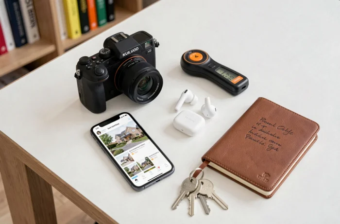 Attrezzature professionali per agente immobiliare disposte su una scrivania, inclusi fotocamera, telefono e strumenti di misurazione