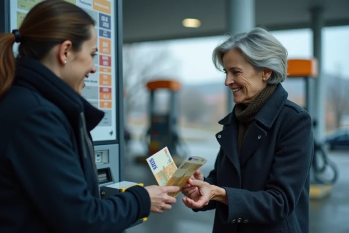 Une femme effectue un paiement en espèces à la caisse d'une station-service en extérieur