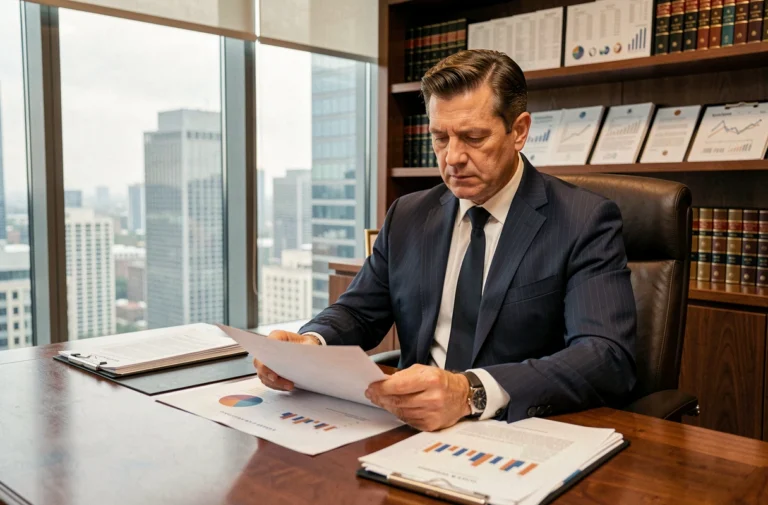 Homme d'affaires élégant analysant des documents financiers dans un bureau exécutif avec vue sur la ville