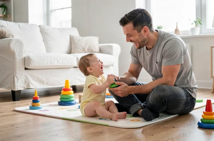 Father playing and laughing with his six-month-old baby on a play mat in a bright Scandinavian living room