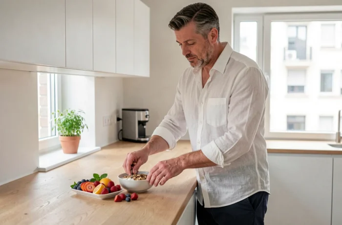 Homme préparant un petit-déjeuner sain et équilibré dans une cuisine moderne pour prendre soin de sa santé au quotidien