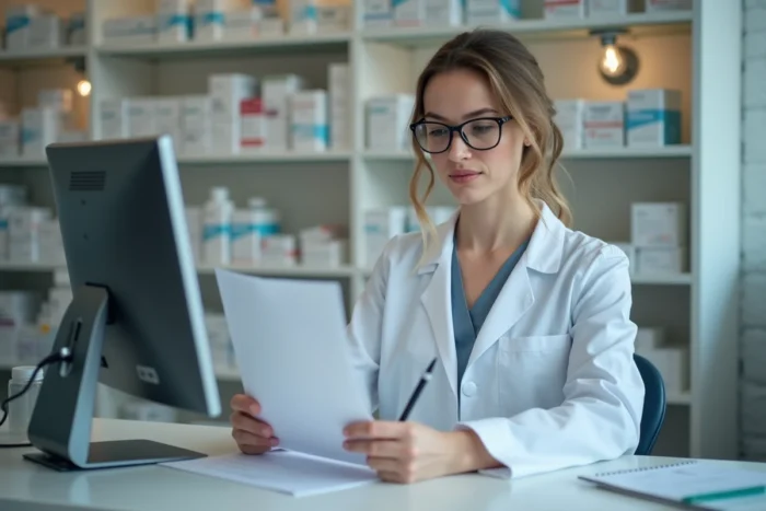 Pharmacienne lisant des ressources professionnelles de santé sur ordinateur dans une officine