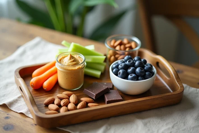 Plateau de collations équilibrées avec légumes coupés, noix, myrtilles, hummus et chocolat noir sur une table en bois