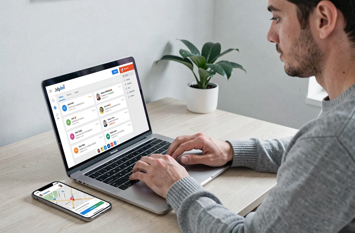 Homme consultant cinq plateformes d'offres d'emploi avec des alertes géolocalisées actives sur son ordinateur et son smartphone