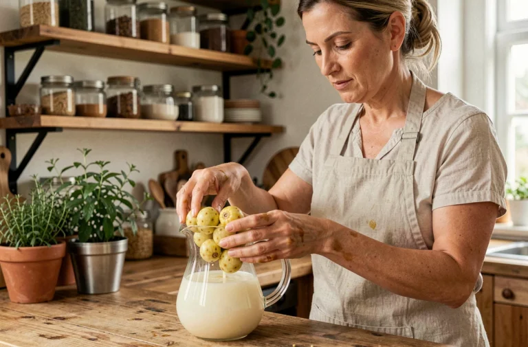 Femme préparant du jus de noni maison en pressant des fruits noni frais dans une cuisine rustique en bois