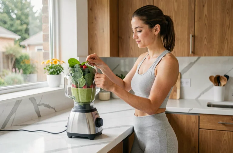 Femme préparant un smoothie de légumes et fruits dans une cuisine moderne pour une alimentation saine au quotidien