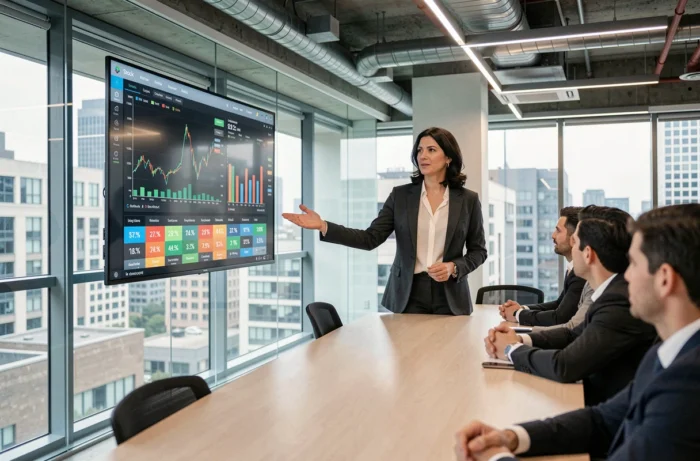 Femme professionnelle présentant un tableau de bord boursier lors d'une réunion en salle de conférence d'entreprise