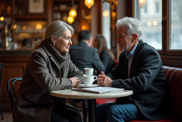 Deux proches discutant avec inquiétude dans une brasserie parisienne, symbolisant les révélations sur la santé d'Alain Bauer