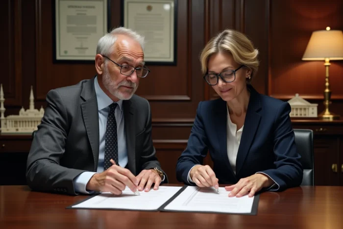 Deux professionnels de l'immobilier étudiant un certificat d'urbanisme positif dans un bureau d'architecte