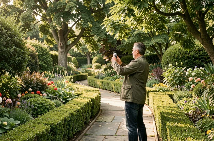 Visitor photographing the flowered paths of Jardin D'Helena during a walk