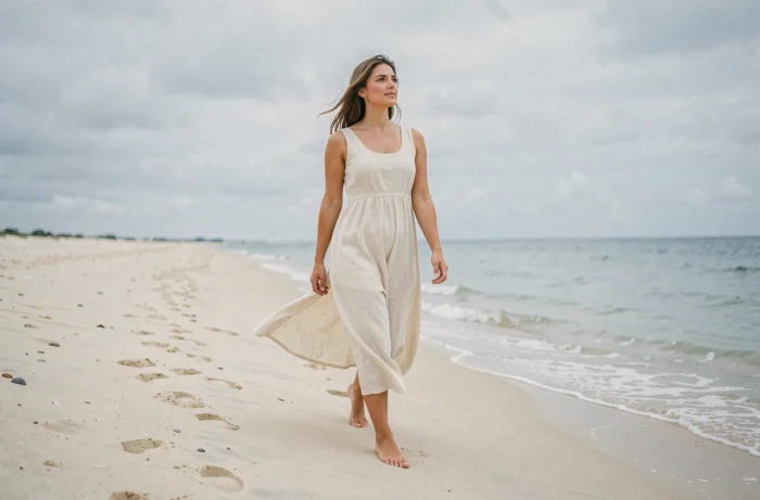 Femme marchant pieds nus sur une plage paisible en robe de lin, symbole de détente et de bien-être au naturel