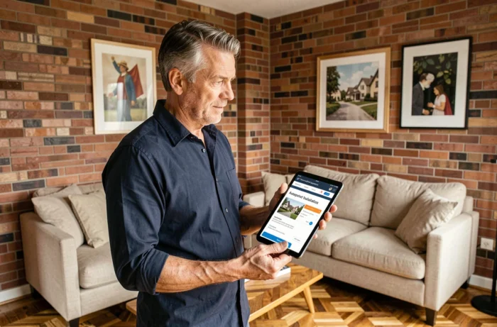 Propriétaire consultant une agence immobilière en ligne pour estimer son appartement avant une vente