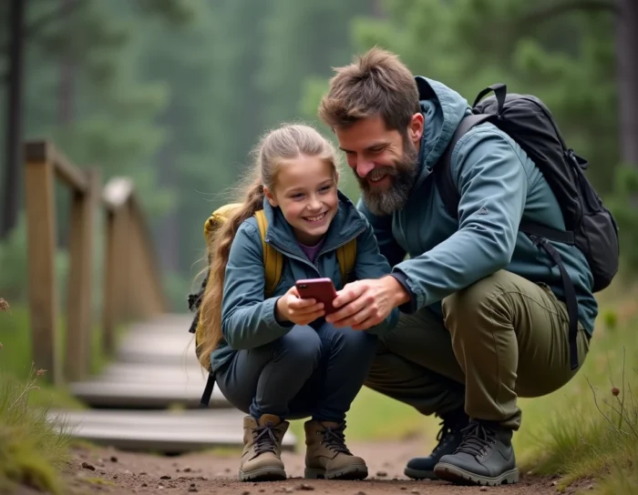 Father and daughter consulting a smartphone while hiking to document their family adventure on a blog