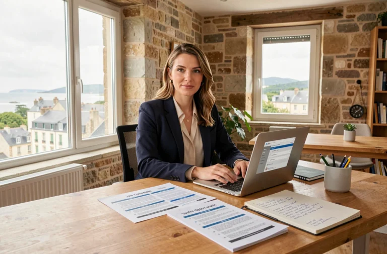 Femme professionnelle en pleine recherche d'emploi en Bretagne, entourée d'offres imprimées et d'un ordinateur portable dans un espace de coworking breton