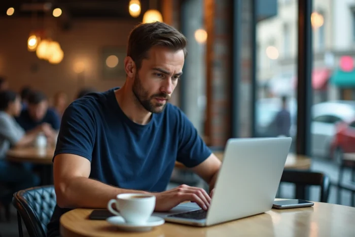 Homme consultant son téléphone et son ordinateur portable pour récupérer un compte Snapchat dans un café