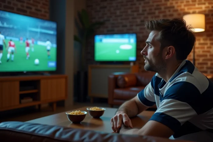 Un homme passionné de rugby regardant le Top 14 sur sa télévision dans un salon moderne sans abonnement Canal Plus