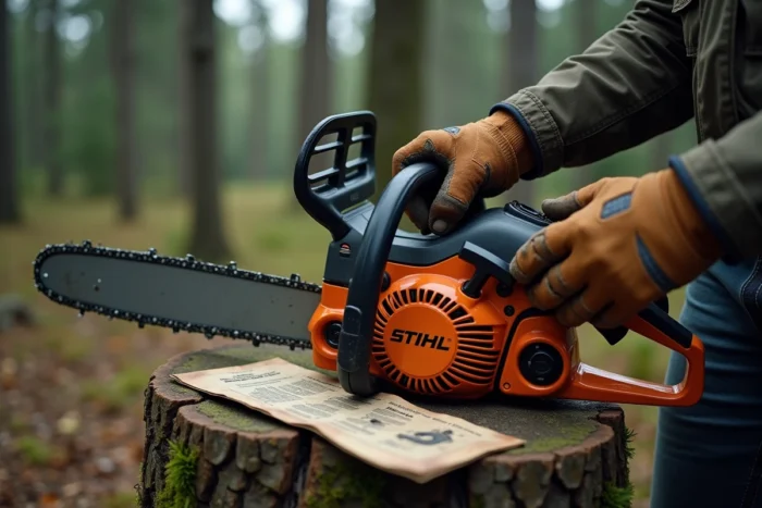 Gros plan de mains gantées réglant le starter d'une tronçonneuse Stihl posée sur une souche en forêt