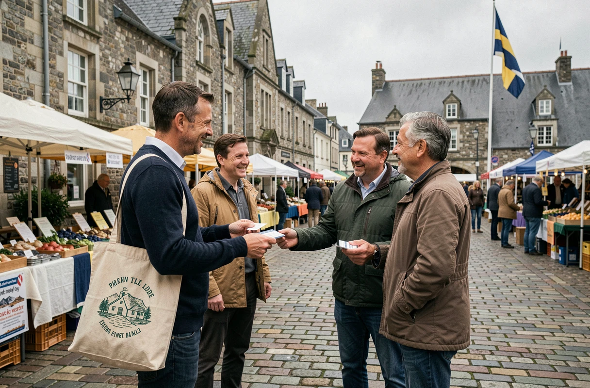 Homme échangeant des cartes de visite avec des professionnels locaux lors d'un événement de réseau en plein air en Bretagne