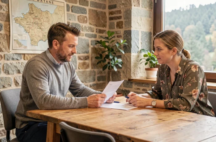 Réunion professionnelle dans un bureau local à La Petite Pierre avec décor alsacien en pierre