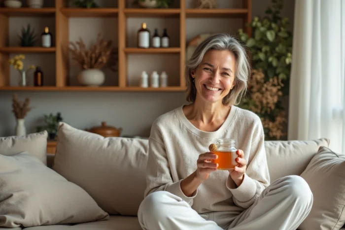 Femme mature aux soins naturels tenant un pot de miel, assise dans un salon décoré de produits bio et de plantes séchées