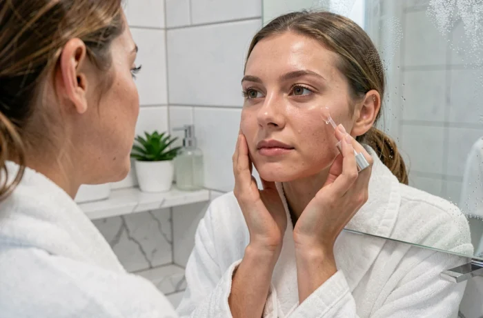 Femme appliquant un sérum visage dans une salle de bain épurée lors de sa routine skincare matinale
