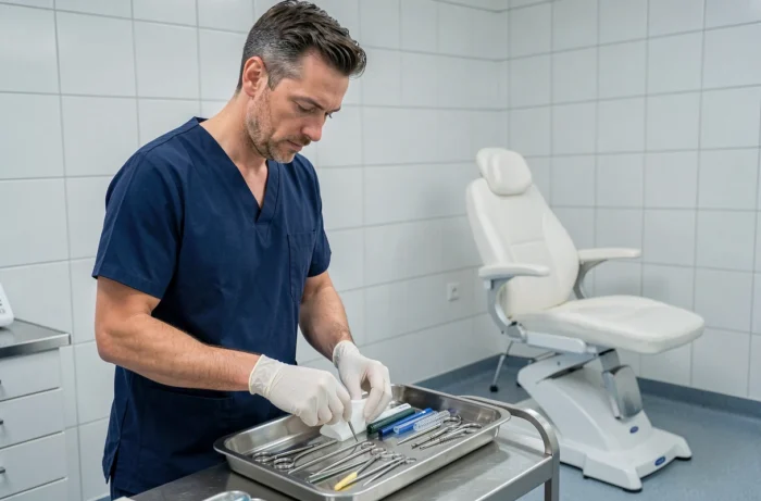 Infirmier préparant du matériel médical stérile dans une salle de soins d'une clinique privée belge