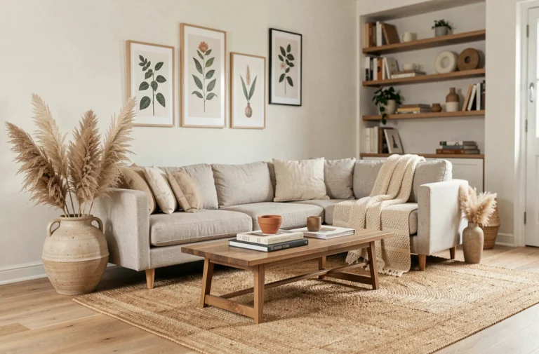 Salon moderne décoré avec des accessoires incontournables comme des vases en céramique, des imprimés botaniques encadrés et un jeté en coton tissé