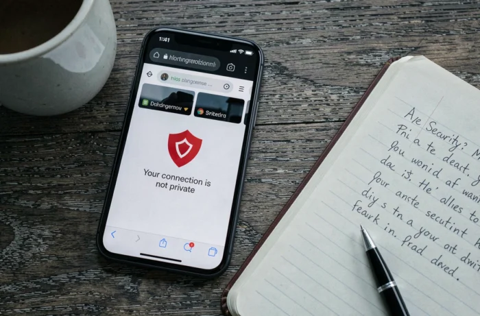 Smartphone affichant un avertissement de connexion non sécurisée sur une table en bois, symbolisant les dangers des sites compromettant la vie privée