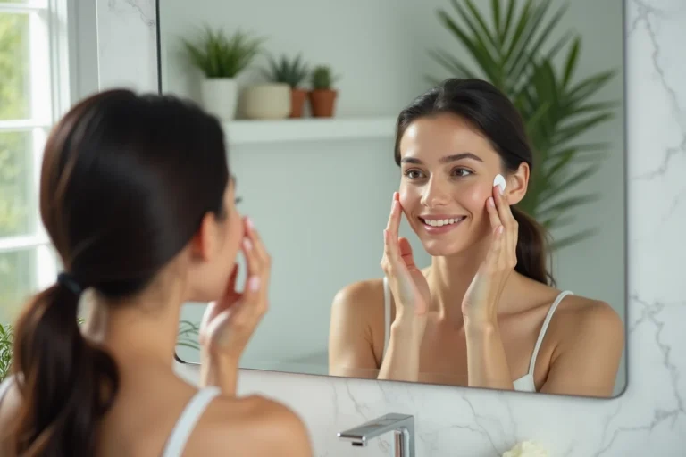 Femme appliquant une crème naturelle sur son visage devant un miroir dans une salle de bain moderne et lumineuse