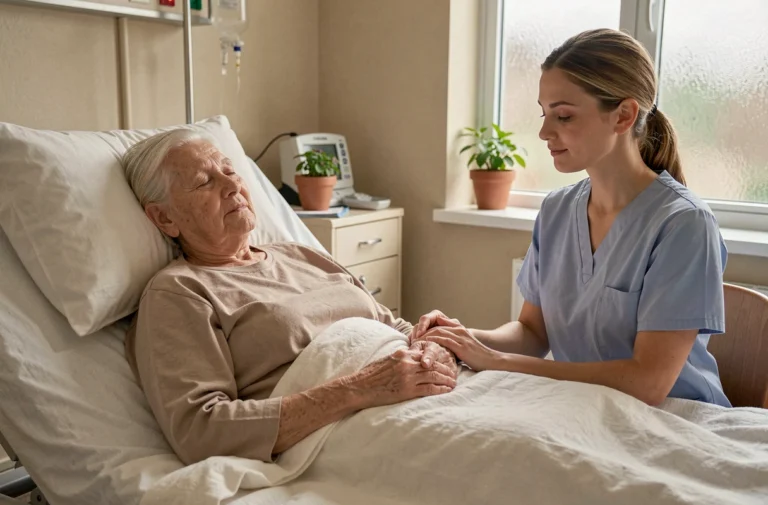 Infirmière tenant la main d'une patiente âgée dans une unité de soins palliatifs, atmosphère apaisante et bienveillante