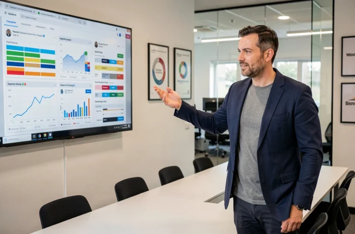 Digital strategist presenting communication analyses on an interactive screen in an agency meeting room