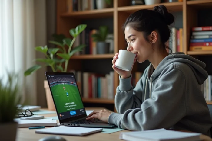 Une femme regardant le Top 14 en streaming sur son ordinateur portable comme alternative à Canal Plus