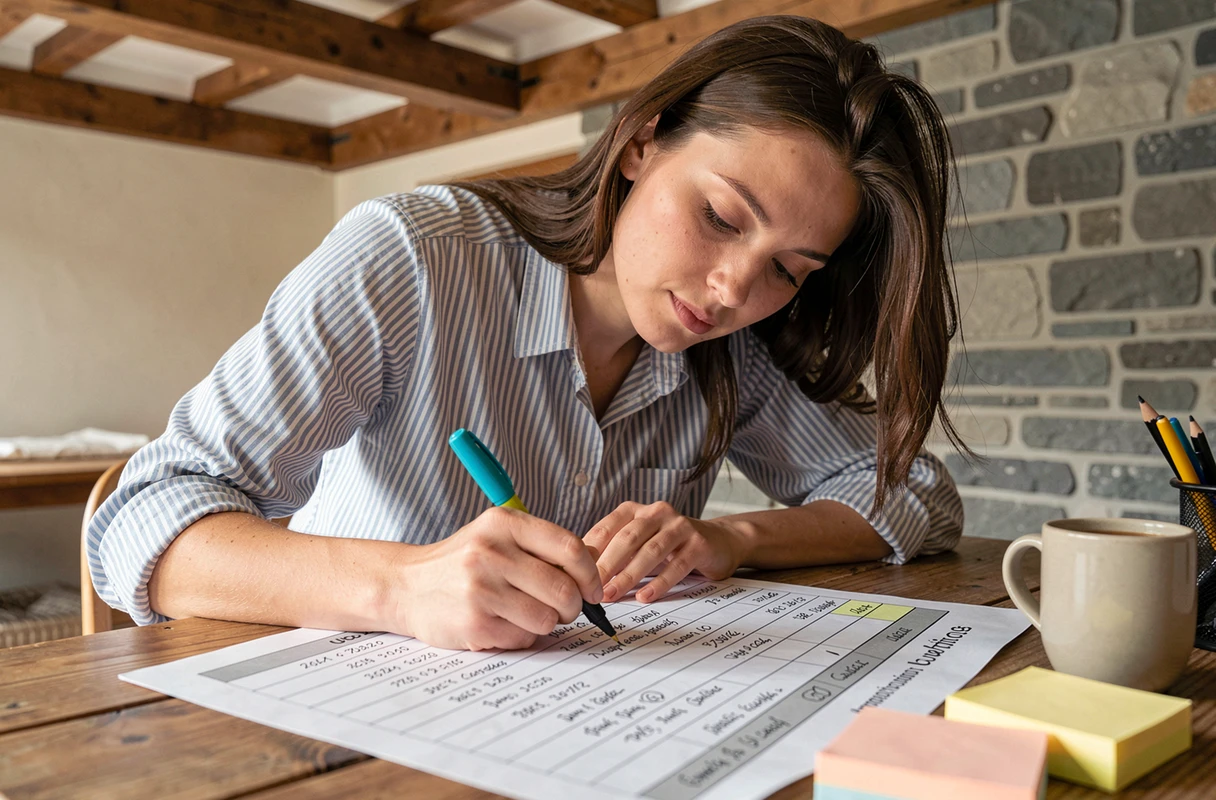 Jeune femme tenant à jour un tableau de pilotage de candidatures avec des colonnes colorées et des notes manuscrites