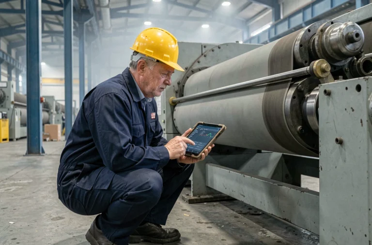 Technicien de maintenance industrielle inspectant une ligne de production en fonctionnement avec une tablette de diagnostic dans une usine