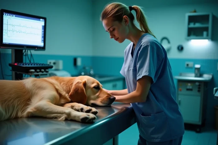 Technicienne vétérinaire surveillant un chien endormi sur une table d'examen dans une clinique vétérinaire la nuit