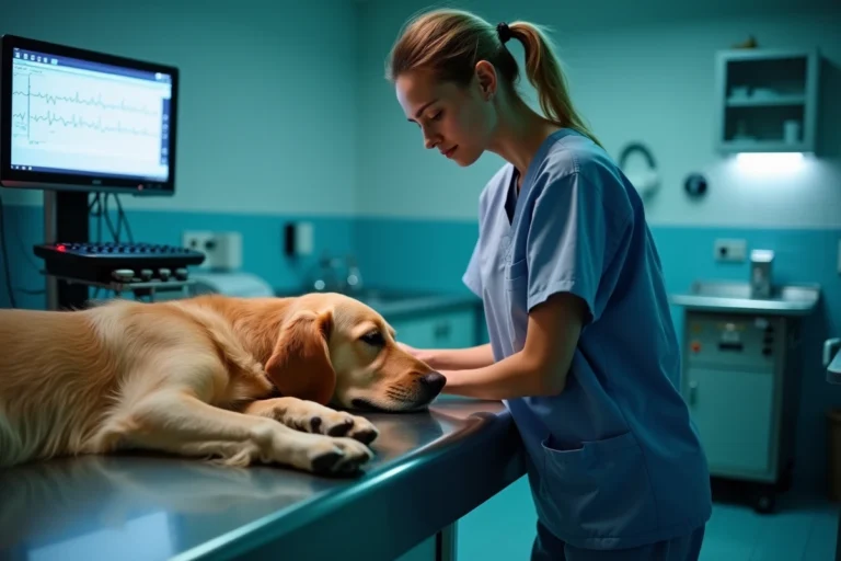 Technicienne vétérinaire surveillant un chien endormi sur une table d'examen dans une clinique vétérinaire la nuit