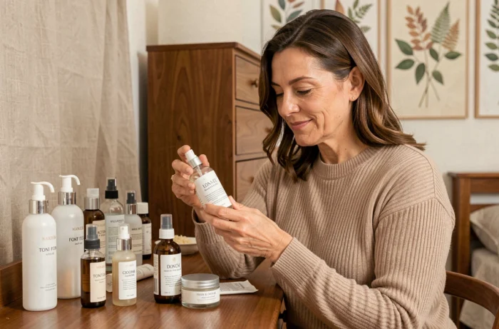 Femme d'une quarantaine d'années consultant les ingrédients de ses produits de soin de peau sur une coiffeuse